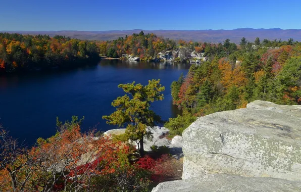 Картинка осень, лес, деревья, скала, озеро, панорама, New York, штат Нью-Йорк