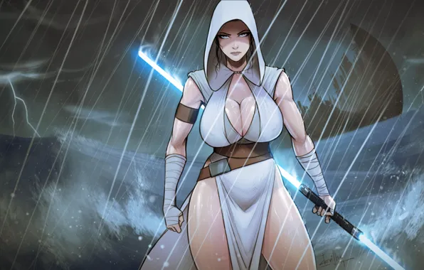 Дождь, рисунок, сиськи, Star Wars, арт, Звёздные войны, Рэй, art