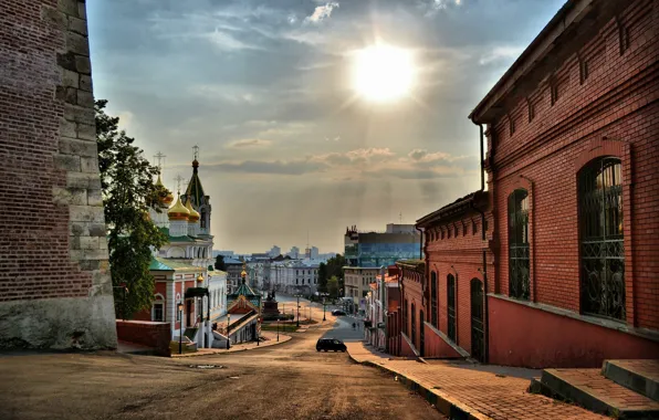 Закат, город, дома, Улица