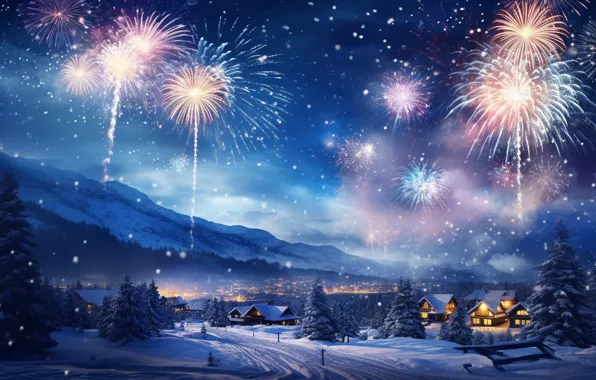 Картинка зима, снег, ночь, lights, салют, Новый Год, деревня, Рождество
