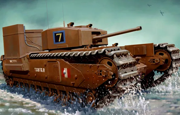 War, art, ww2, tank.painting, Churchill Mk.III “Fitted For Wading”