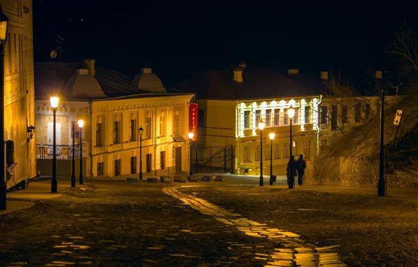 Дорога, город, огни, дома, брусчатка, фонари, ночной