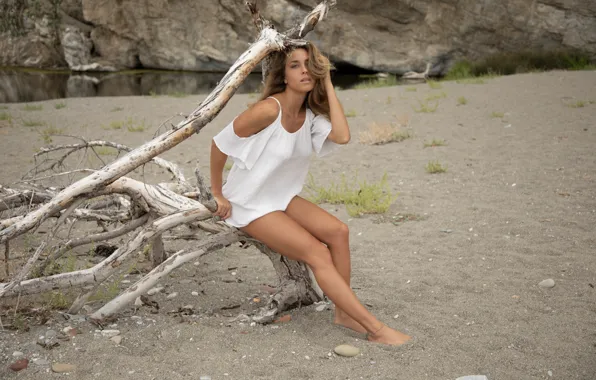 Beach, hot girl, brown hair, nature, water, lake, rocks, model