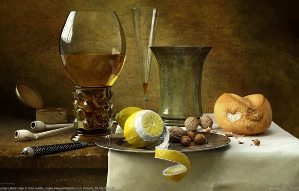 Лимон, бокал, Kornél Ravadits, орехи, натюрморт