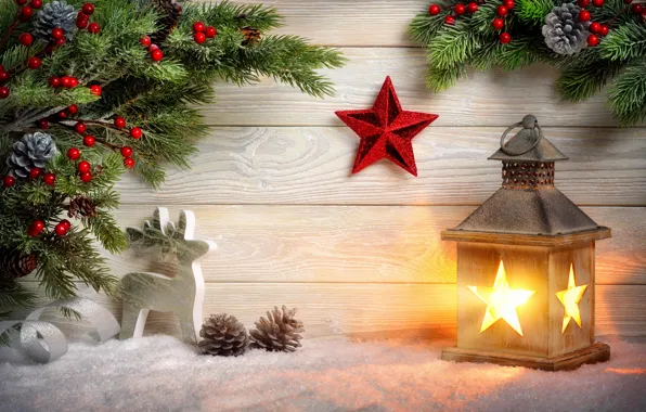 Картинка снег, ветки, звезда, олень, Рождество, фонарь, Новый год, шишки