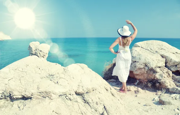 Картинка море, пляж, лето, девушка, солнце, отдых, шляпа, summer