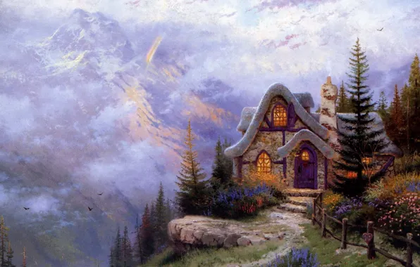 Картинка ель, горы, живопись, ландшафт, коттедж, дом, склон горы, Sweetheart Cottage III, каменный, Thomas Kinkade