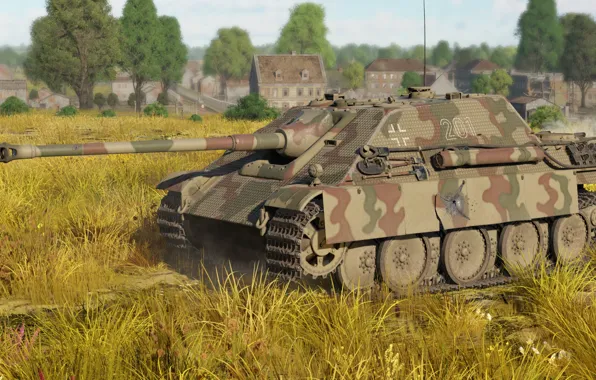 Дома, Трава, Германия, САУ, Game, Jagdpanther, War Thunder, Ягдпантера