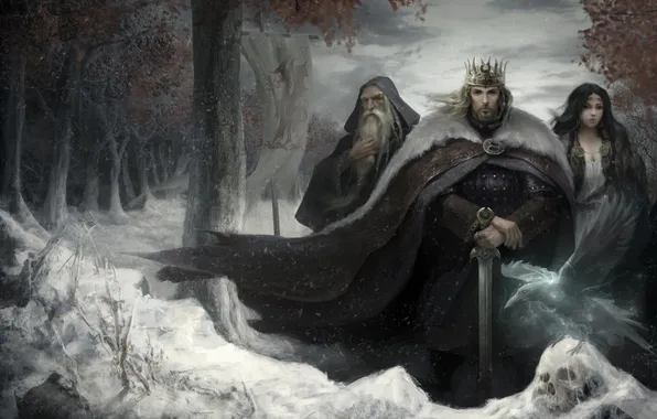 Картинка зима, взгляд, снег, оружие, фантастика, меч, корона, арт