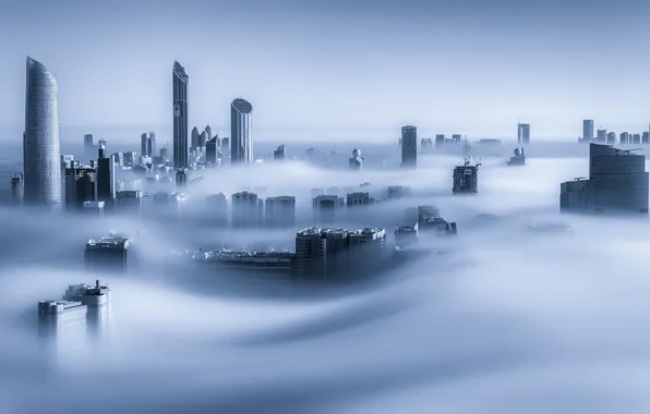 Город, туман, утро, Дубай, небоскрёбы, ОАЭ, Dubai Marina