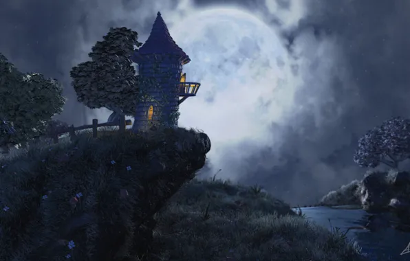 Картинка деревья, ночь, луна, Башня, речка