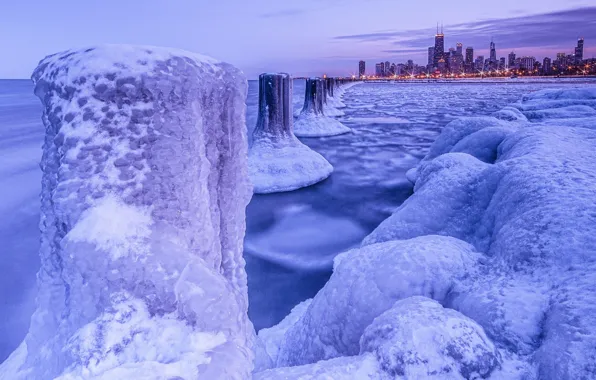Зима, лёд, мороз, Чикаго, ночной город, Chicago