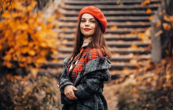Осень, девушка, улыбка, листва, лестница, ступени, шатенка, пальто
