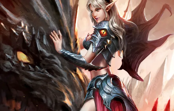 Картинка girl, fantasy, horns, armor, wings, dragon, artwork, fantasy art