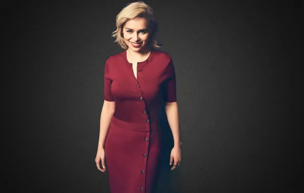 Юбка, актриса, блондинка, блузка, красивая, улыбается, Emilia Clarke, короткая стрижка