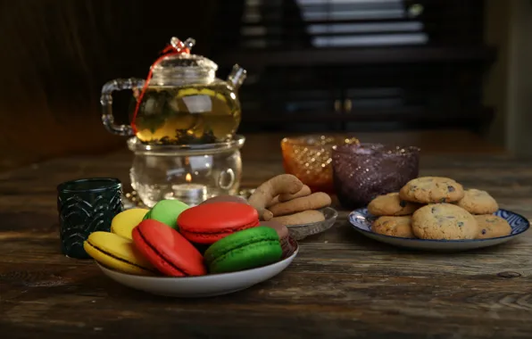 Чай, печенье, сладости, выпечка, макаруны