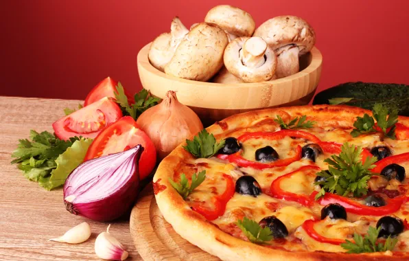 Картинка грибы, лук, натюрморт, пицца, помидоры, оливки, петрушка, чеснок