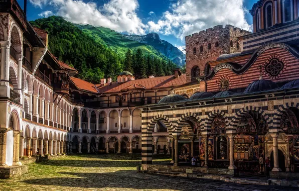 Горы, архитектура, монастырь, Болгария, Bulgaria, Rila Mountains, Рильский монастырь, Rila Monastery