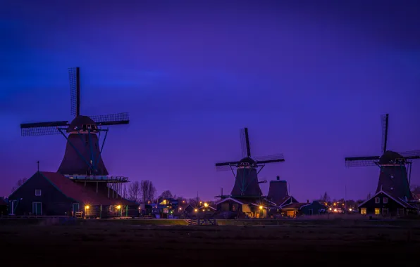 Ночь, дома, деревня, Нидерланды, ветряная мельница, Заансе Сханс