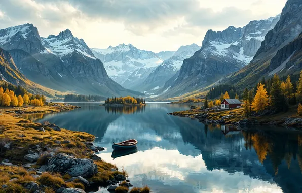 Зима, небо, снег, горы, тучи, природа, река, river