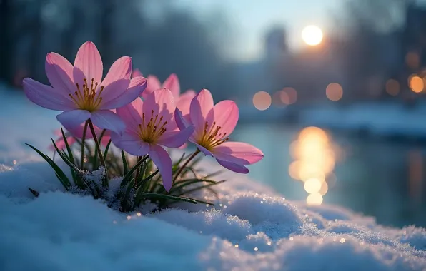 Картинка зима, снег, цветы, весна, flowers, winter, snow, spring