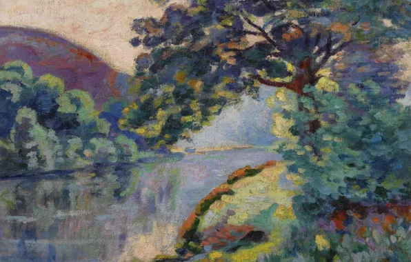 Картинка пейзаж, река, дерево, картина, Арман Гийомен, Armand Guillaumin, The Echo Rock