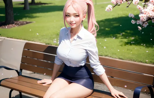 Картинка blouse, pink hair, smile, art, beauty, rendering, asian, skirt