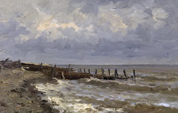 Картинка берег, картина, причал, морской пейзаж, Карлос де Хаэс, Море в Виллервиле