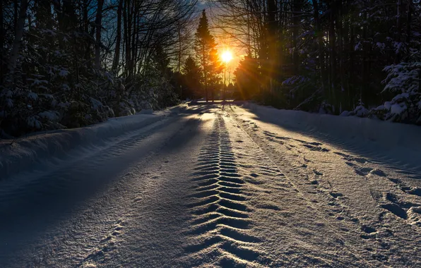 Картинка зима, дорога, снег, утро