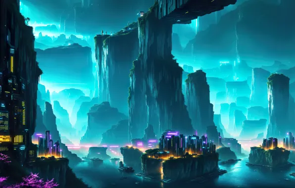 City, future, landscape, art, fantastic, cyberpunk, digital art, Futuristic
