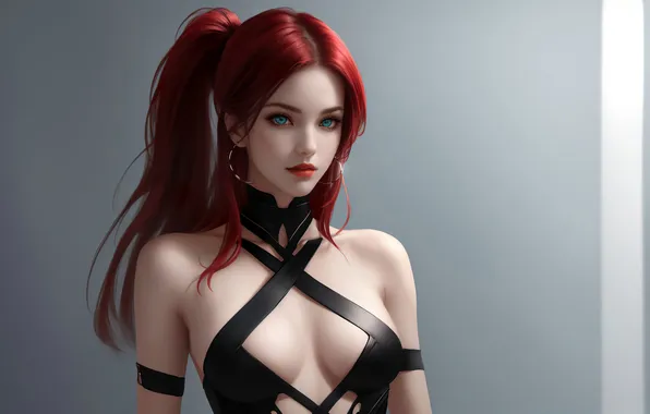 Girl, fantasy, red hair, art, blue eyes, digital art, fantasy art, simple background