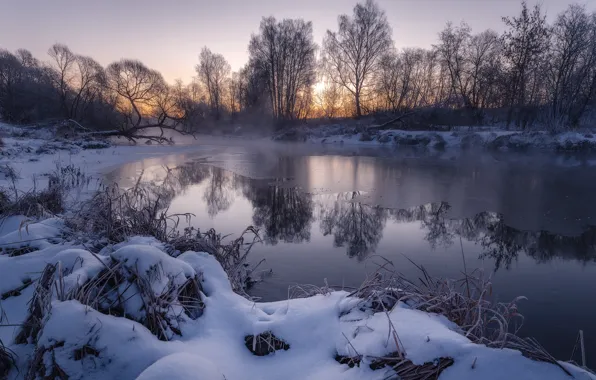 Картинка зима, снег, деревья, пейзаж, природа, река, рассвет, лёд