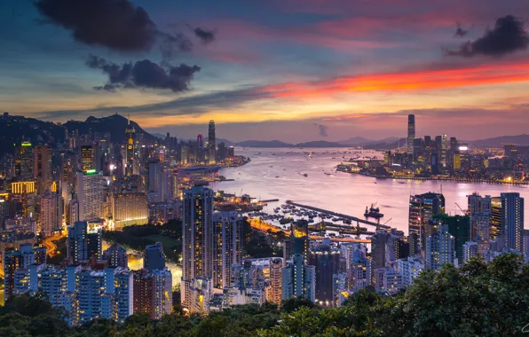 Город, Гонконг, Китай, Braemar Hill, вечерняя зоря, Victoria Harbour