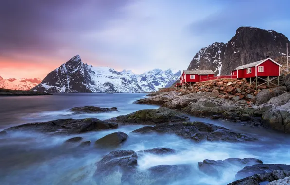 Картинка море, горы, природа, скалы, Норвегия, домики, поселение