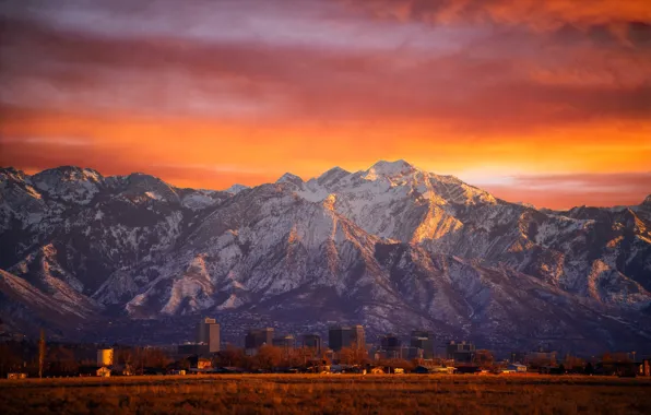 City, sky, landscape, Sunset, mountains, clouds, snowy mountains, skycrapers