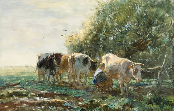 Рисунок, коровы, акварель, Виллем Марис, Доярка