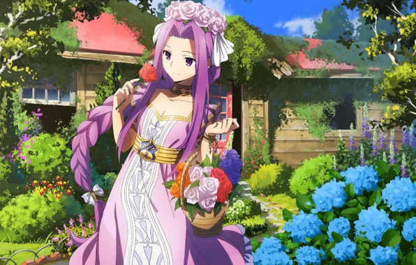 Girl, Anime, Flowers, Medusa, purple hair, Fate (Series), Fate grand order, Medusa Gorgon