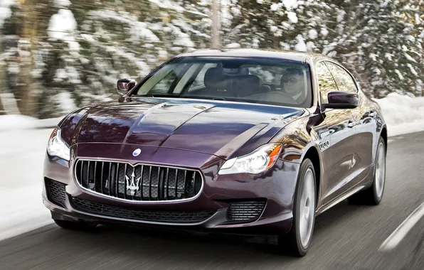 Картинка снег, деревья, Maserati, Quattroporte, скорость