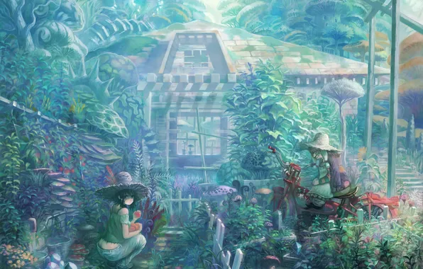 Картинка девушка, дом, мир, грибы, мотоцикл, старушка, sakai yoshikuni (artist)