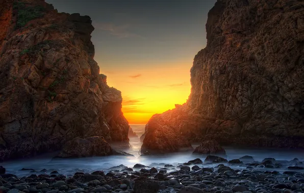 Картинка песок, пляж, океан, скалы, рассвет, USA, California