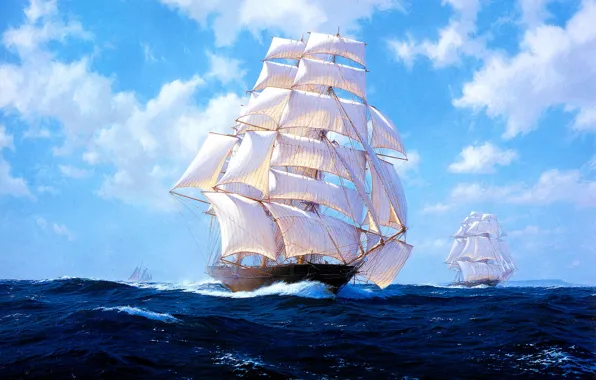 Картинка море, волны, небо, облака, парусник, картина, J. Steven Dews