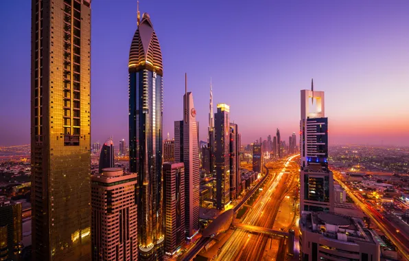 Город, огни, дома, вечер, выдержка, Дубай, Dubai, ОАЭ