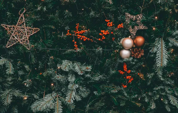 Картинка украшения, ягоды, праздник, шары, звёзды, Рождество, Новый год, ёлка