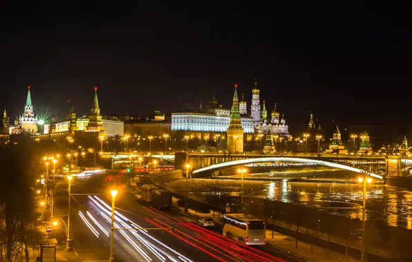 Ночь, город, огни, река, Москва, Кремль, Russia, Moscow
