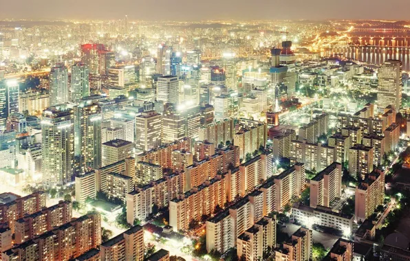 South Korea, Южная Корея, вид с верху, огни ночного города, Seul