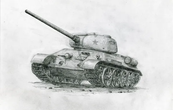 Картинка карандашный рисунок, Советский танк, Т-34