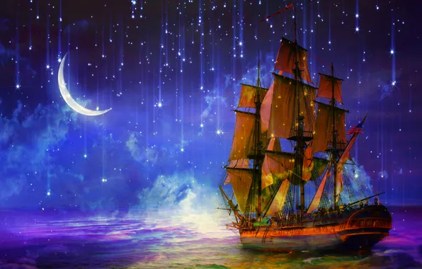 Море, ночь, корабль, парусник, звёзды, art, полумесяц
