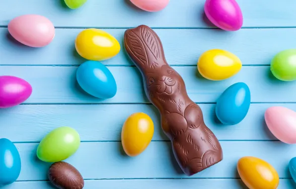 Картинка шоколад, яйца, colorful, кролик, конфеты, Пасха, wood, chocolate