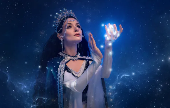 Взгляд, девушка, украшения, стиль, корона, макияж, платье, брюнетка