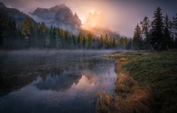 Картинка осень, лес, горы, река, дымка